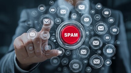 Businessman engaging with digital spam filter technology in a corporate office during the day