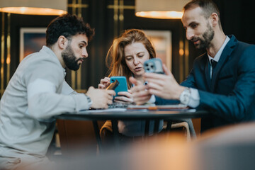 Three people in a professional setting engage in a conversation about business ideas using their smart phones. They appear focused and connected, emphasizing productivity, technology, and