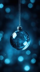 Transparent blue christmas ornament hanging with sparkling bokeh background