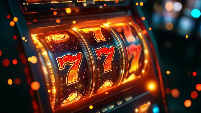 The slot machine on the screen gives out winnings with a bright combination of three sevens, surrounded by neon lights and sparkling effects, symbolizing luck and excitement.