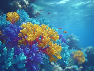 Vibrant coral reef ecosystem featuring colorful corals and small fish swimming underwater