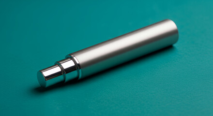 Sleek silver spray bottle on a teal background for cosmetic or fragrance product concept
