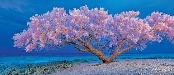 Vibrant coral tree blooms above turquoise waters in a serene tropical seascape setting