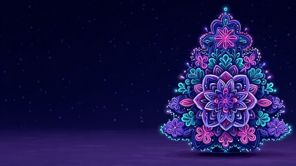 Vibrant floral mandala Christmas tree illustration with glowing accents on dark background