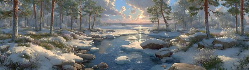 Winter landscape painting of a river flowing through a snowy forest at sunset