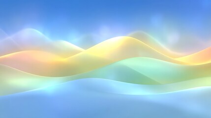 Abstract pastel landscape with soft waves and gradients in blue, yellow, and green hues