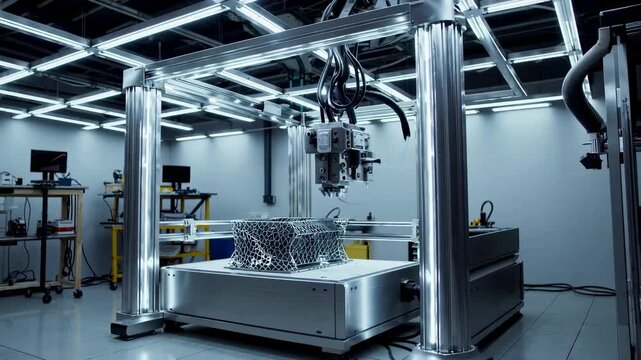 Advanced 3D printing technology demonstrates precision in creating complex structures inside a modern workshop