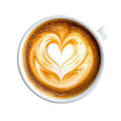  Top view of white cup of art latte coffee with he