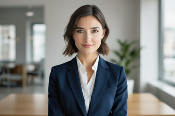A young woman with brown hair and eyes confidently looks directly at the camera while wearing a professional navy blue suit in a modern office setting.
