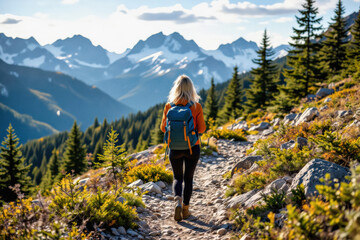 Obraz premium A woman with blonde hair hikes along a mountain trail, gazing at a stunning vista of snow-capped peaks and evergreen forests.