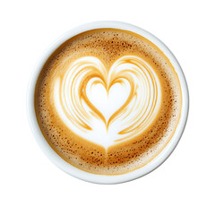 Top view of white cup of art latte coffee with he 