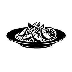 Minimalist black silhouette of ceviche with fish and citrus garnishes