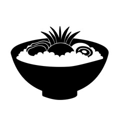 Minimalist black silhouette of a bibimbap bowl with rice and toppings on white background
