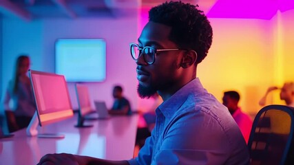 Profile of one African man in modern office with computer and creative technology. Diverse team working on laptop in background with neon lights. - Powered by Adobe
