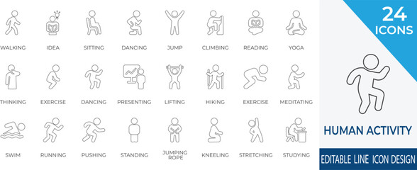A dynamic vector icon set featuring everyday human actions like walking, exercising, reading, and more. Perfect for fitness, lifestyle, education, and productivity-related design projects