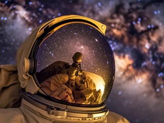 A close-up of an astronaut helmet reflecting the Milky Way