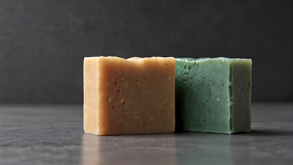 Two handmade square soaps beige and green on gray background
