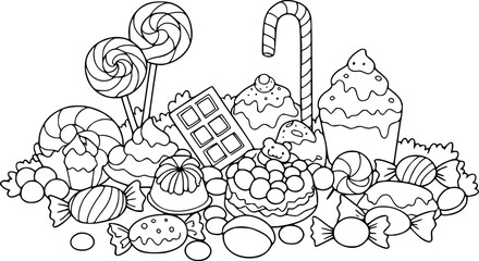 Vector illustration with food elements like cakes and candies for a seamless nature pattern