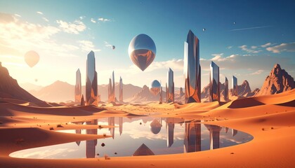 Surreal Desert Landscape with Floating Spheres and Crystalline Structures