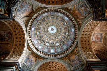 Detailed view upward into a rich, grand church's ceiling