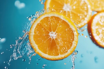 Fresh Orange Slice Splashes in Water Against a Bright Aqua Background, Capturing Juicy Freshness and Vibrancy of Citrus Fruits