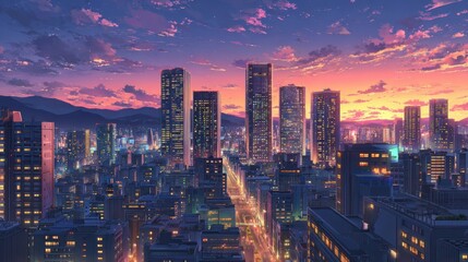 Fototapeta premium Cityscape at Sunset Anime Style Vibrant Colors Tall Buildings Night Lights