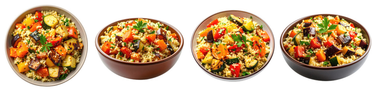 Roasted vegetable couscous bowls with colorful peppers, zucchini, eggplant, and herbs, fresh and appetizing isolated white