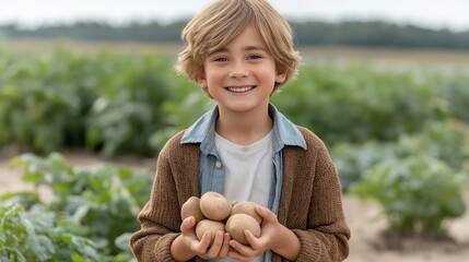  Happy Young Farmer Presents Fresh Potato Harvest Adorable Boy Smiles Holding Garden Vegetables