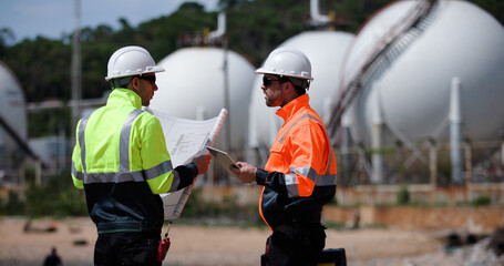 Two man industrial engineer with green and orange safety suit working with blueprint drawing at Refinery and gas petrochemical plant