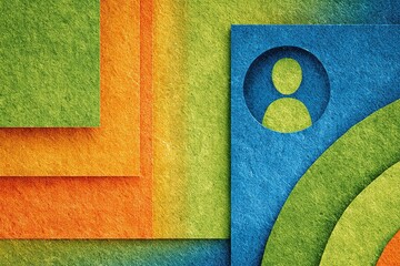 Colorful layered paper graphics create an abstract design featuring a user icon that symbolizes community and connection