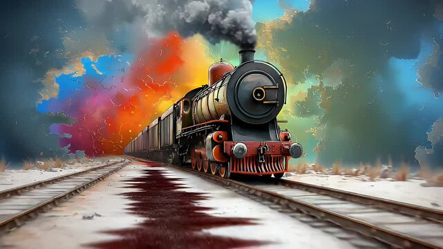 Vintage Steam Train on Snowy Tracks with Colorful Explosion