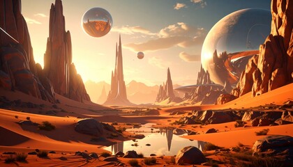 Surreal Martian Landscape with rock formations and colossal planetary spheres