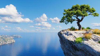 Stunning view of cliff overlooking calm ocean, featuring solitary tree and fluffy clouds in bright blue sky