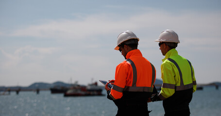 Two male power plant engineers work with a blueprint and a digital tablet by the seaside at a refinery and gas petrochemical plant