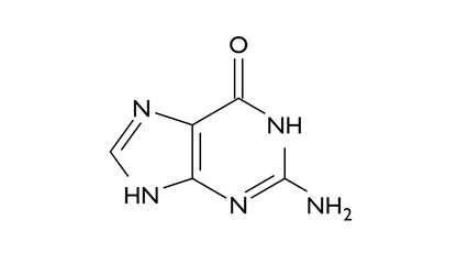 guanine molecule, structural chemical formula, ball-and-stick model, isolated image purine base © Сергей Шиманович