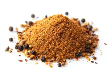 Close-Up of a Pile of Ground Spice with Whole Peppercorns on White Surface for Culinary Use in Cooking and Seasoning Dishes