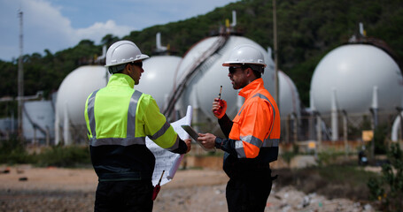 Two man industrial engineer with green and orange safety suit working with blueprint drawing at Refinery and gas petrochemical plant