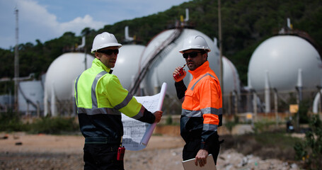 Two man industrial engineer with green and orange safety suit working with blueprint drawing at Refinery and gas petrochemical plant