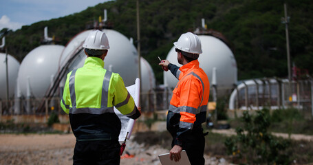 Two man industrial engineer with green and orange safety suit working with blueprint drawing at Refinery and gas petrochemical plant