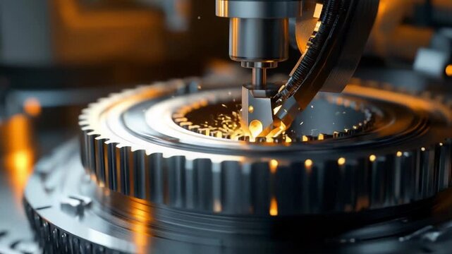 Advanced machinery expertly shapes metal gears with precise cutting techniques in a modern workshop, producing sparks and showcasing intricate craftsmanship during the day