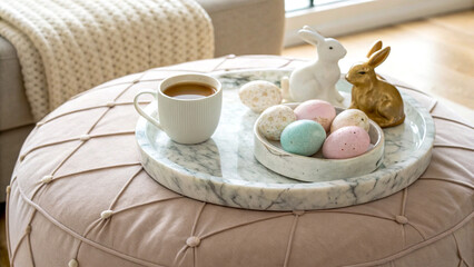 Elegant ottoman setup with pastel eggs, ceramic bunnies, and coffee cup on marble tray
