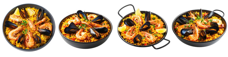Delicious seafood paella with shrimp, mussel, lemon, and rice served black pans, showcasing vibrant colors and fresh