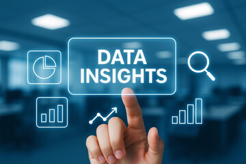 Business data insights interface with graphs and pie charts, blue futuristic screen in corporate office background, technology concept for analytics and reports