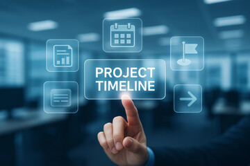Project timeline digital interface with hand touch and milestone icons, futuristic blue screen in modern office, concept for scheduling and planning