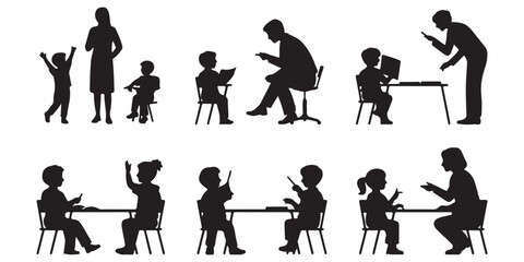 Silhouettes of a Teacher teaching the students 