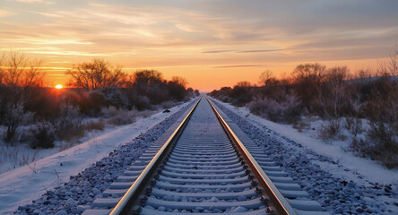 Fototapeta premium A snowy train track stretches into the distance as the sun sets, casting a warm glow over the winter landscape, Generative AI.