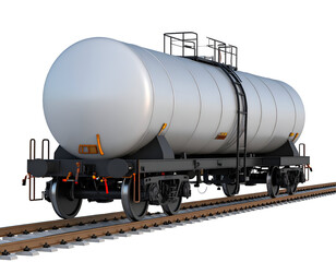 A white tanker railcar on tracks, ready for transport