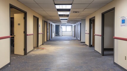 Empty hallway with half-open office doors, thick dust on every surface and a faint glow from malfunctioning screens
