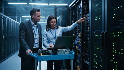 IT Engineers Working in Modern Data Center with Network Servers and Equipment - Powered by Adobe