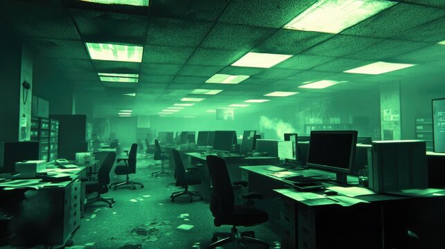 High-rise office left in haste, chairs unpushed, desktops abandoned, and lights flickering above old equipment